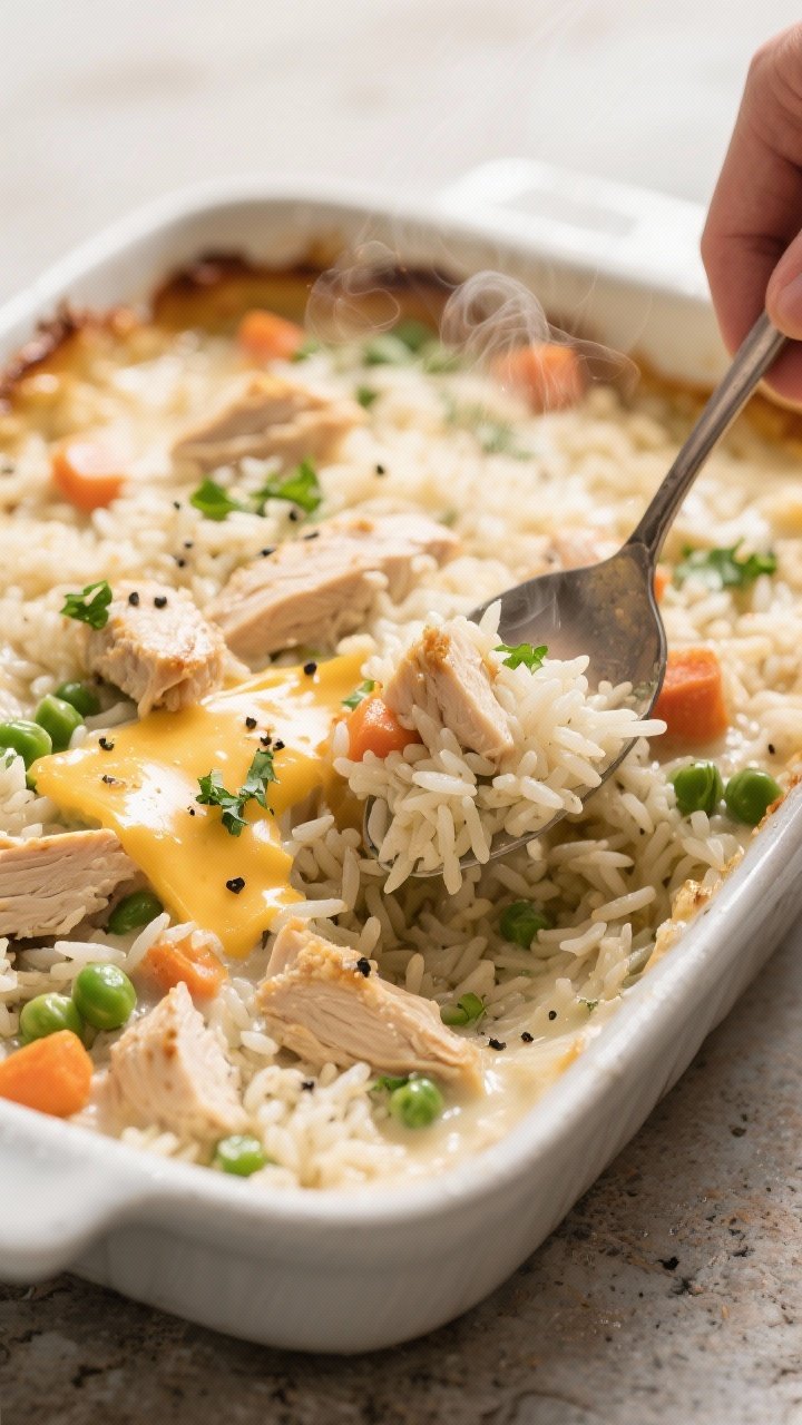 Close-up, three-quarter angle of a Creamy Chicken and Rice Casserole being fluffed with a large spoo