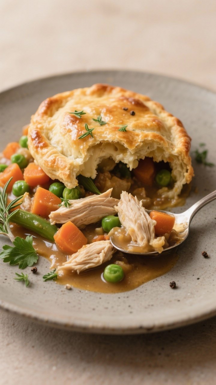 Close-up, three-quarter angle of a plated serving of chicken pot pie casserole on a matte stoneware 