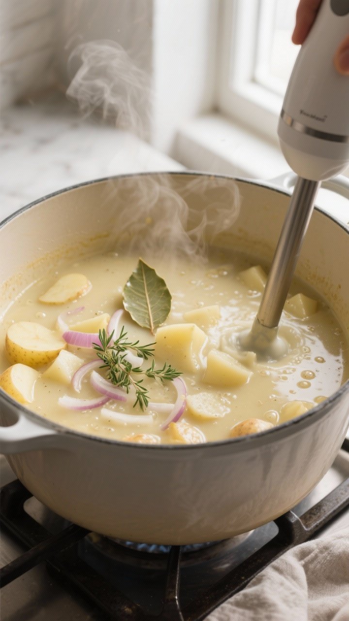 Cooking process close-up: A large Dutch oven on the stovetop with silky, simmering potato soup just