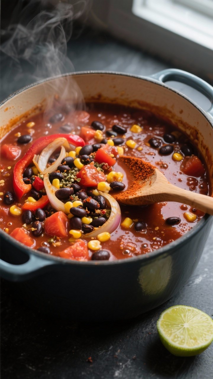 Cooking process close-up: A steaming Dutch oven of vegetarian chili mid-simmer, showing glossy black