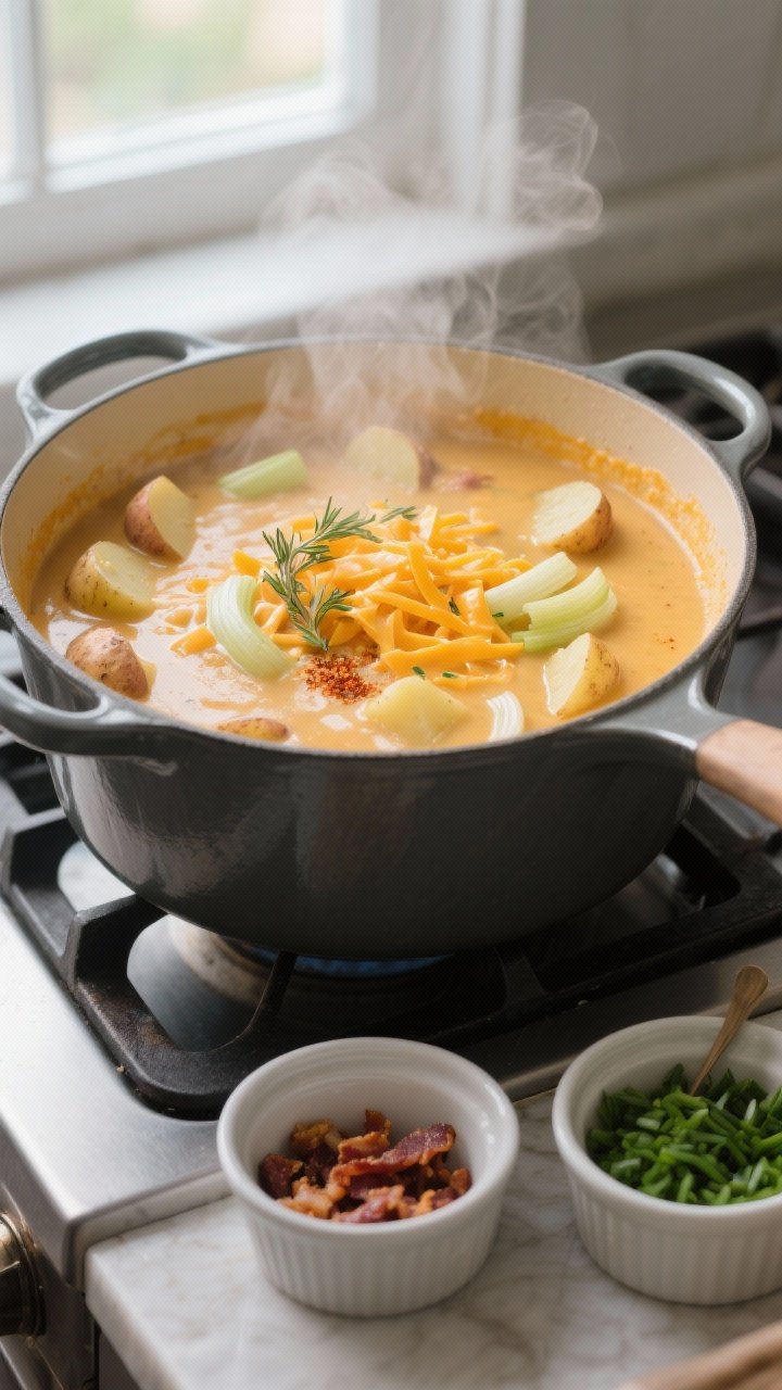 Cooking process close-up: A steaming Dutch oven of cheesy potato soup mid-simmer, showing tender Yuk