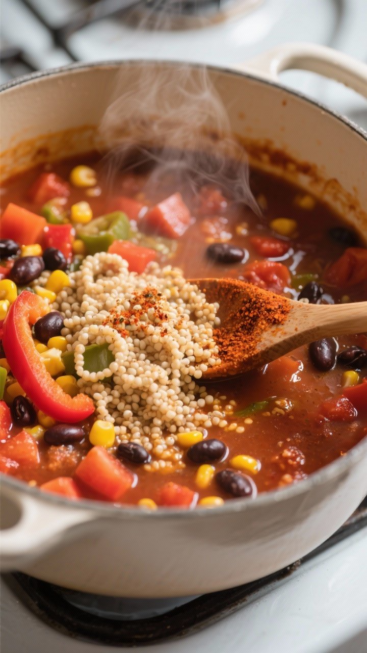 Cooking process close-up: A steaming pot of vegetarian taco soup mid-simmer, showing fluffy, translu