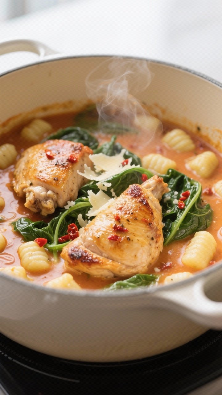 Cooking process, close-up detail: A large enameled pot at a gentle simmer with cooked potato gnocchi