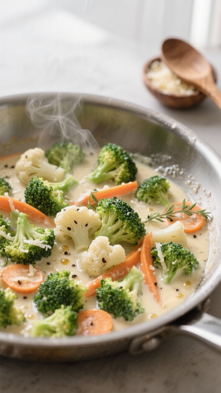 Cooking process, close-up detail: A large stainless-steel skillet filled with just-blanched broccoli