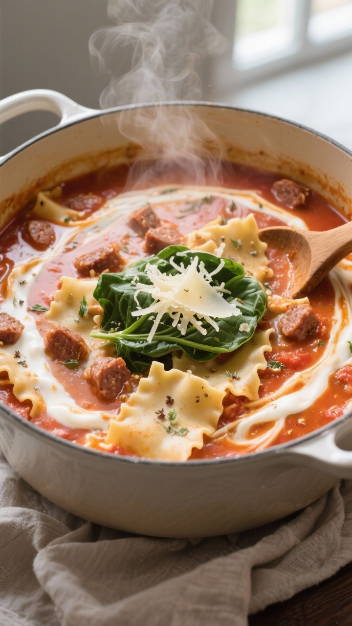 Cooking process, close-up detail: A steaming Dutch oven of creamy lasagna soup at the “make it cre