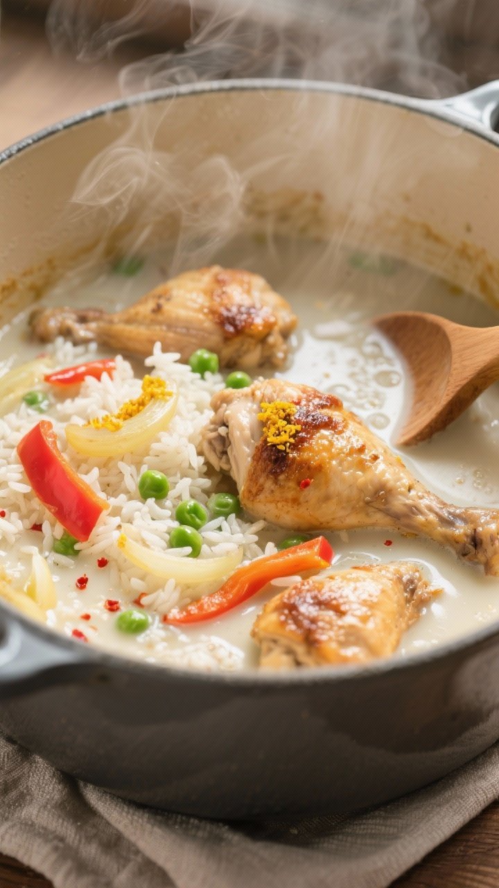 Cooking process, close-up detail: A steamy, close-up shot of coconut chicken and rice simmering in a