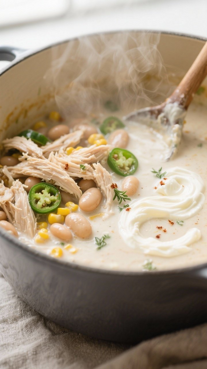 Cooking process, close-up detail: A steamy Dutch oven of creamy white chicken chili mid-simmer, shre