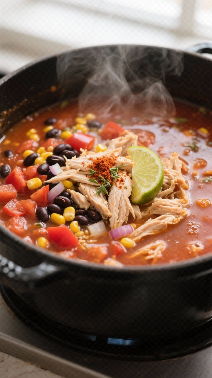 Cooking process, close-up detail: A steamy, in-pot scene of chicken taco soup at a gentle simmer aft
