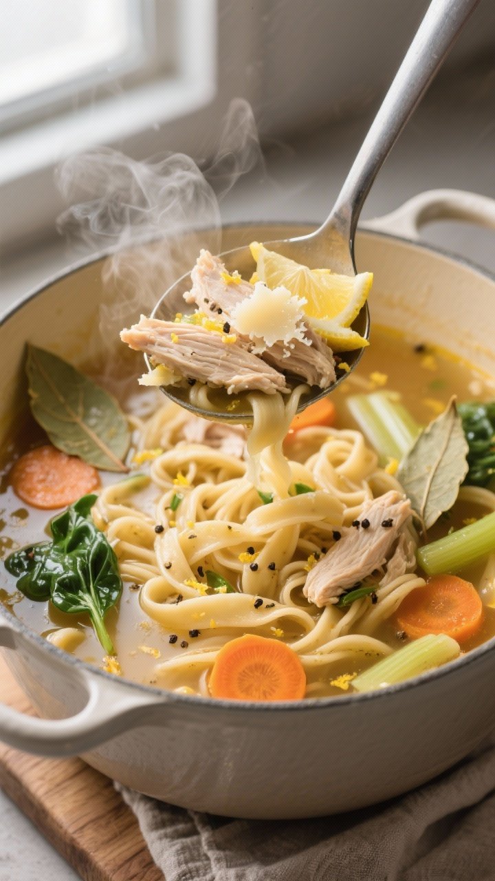 Cooking process, close-up detail: A steamy ladleful of lemon chicken noodle soup being lifted from a