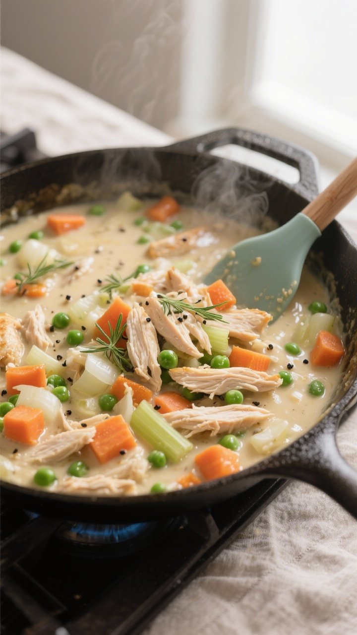 Cooking process, close-up detail: A tight, overhead shot of a creamy chicken pot pie filling simmeri