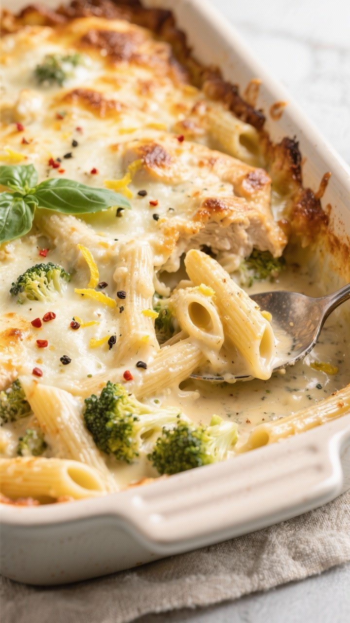 Cooking process, close-up detail: Bubbling gluten-free chicken Alfredo bake just pulled from the ove