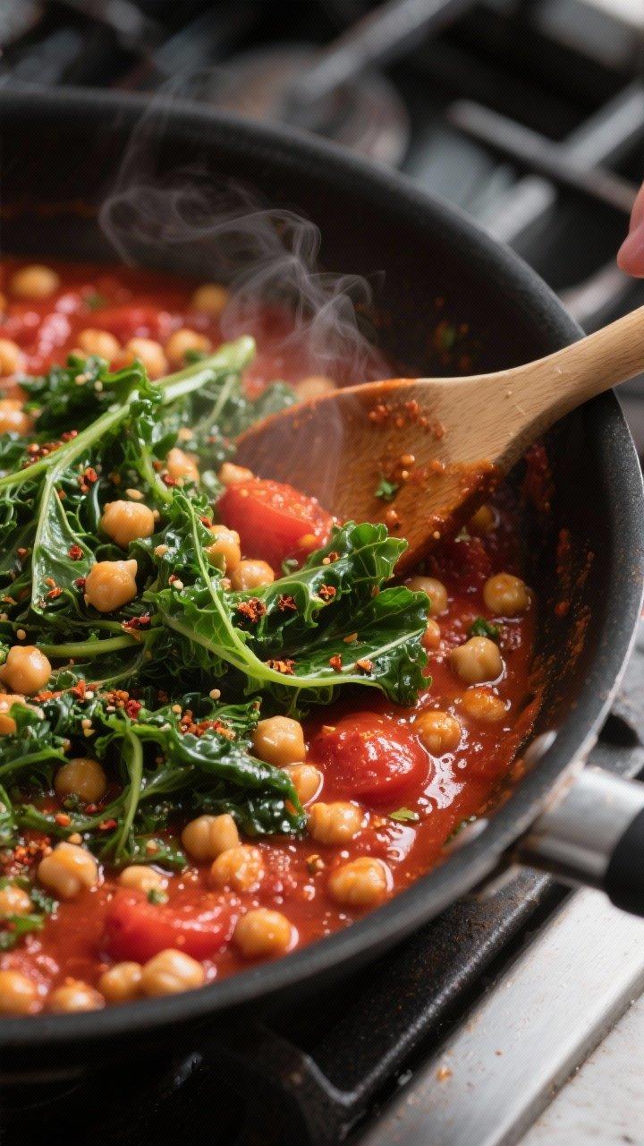 Cooking process, close-up detail: Close-up of a simmering spiced tomato-chickpea sauce in a wide bla
