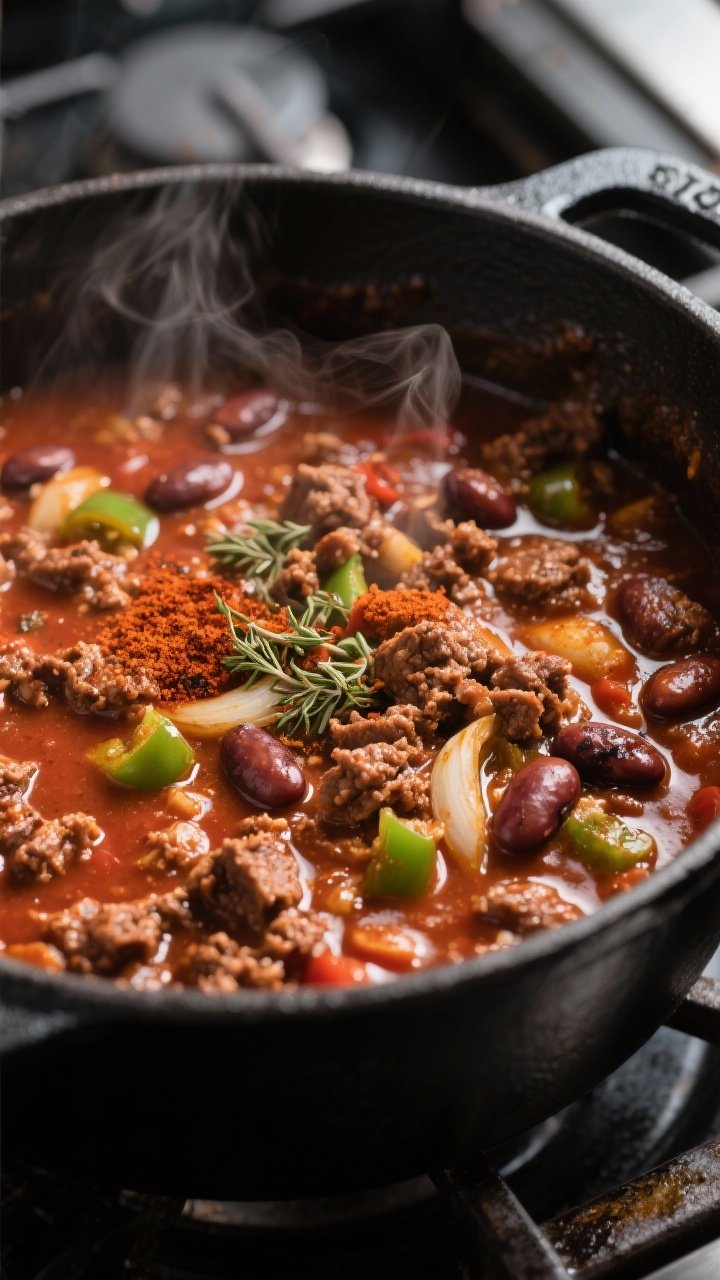 Cooking process, close-up detail: Close-up of classic beef and bean chili simmering in a matte black