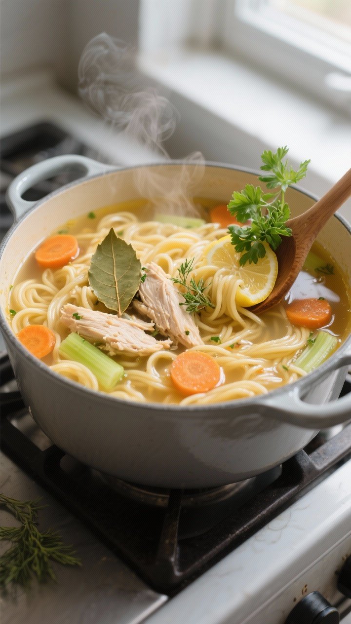 Cooking process, close-up detail: Close-up of simmering chicken noodle soup in a matte enamel Dutch
