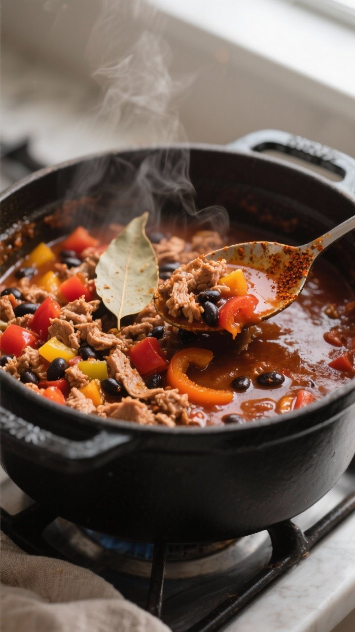 Cooking process, close-up detail: Close-up of smoky turkey chili simmering in a matte black Dutch ov
