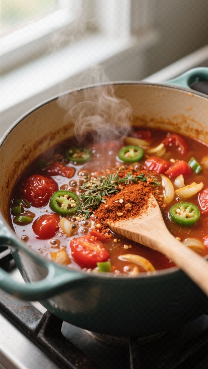 Cooking process, close-up detail: Close-up of taco soup base simmering in a Dutch oven after the spi
