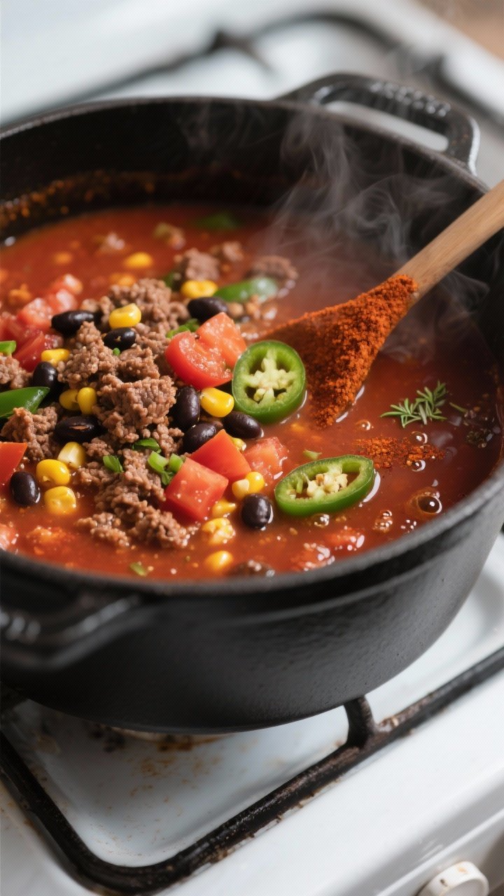 Cooking process, close-up detail: Close-up of taco soup simmering in a matte black Dutch oven, showi