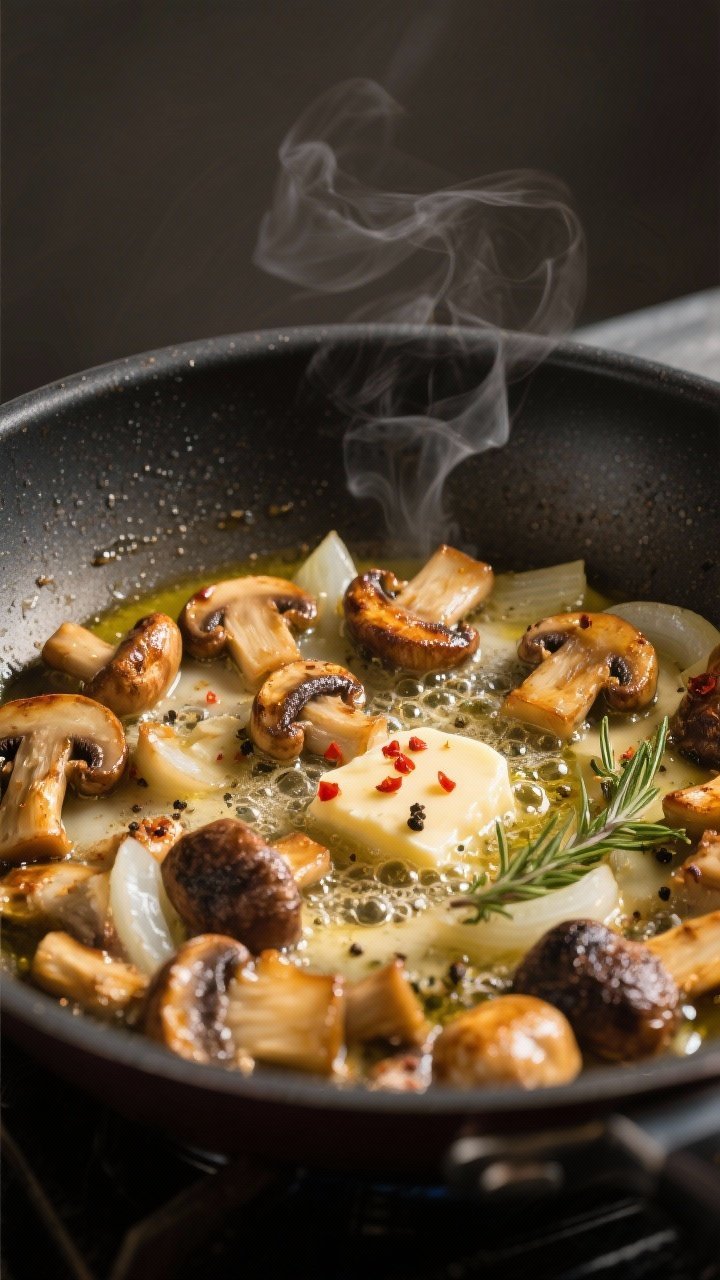 Cooking process, close-up detail: Golden-browned mixed mushrooms (cremini, shiitake, oyster) sizzlin