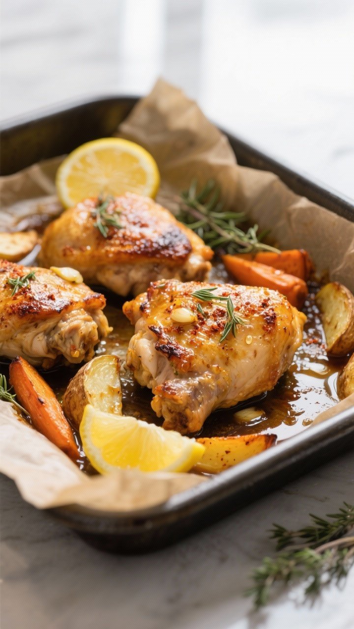 Cooking process, close-up detail: Golden roast chicken thighs sizzling in a parchment-lined roasting