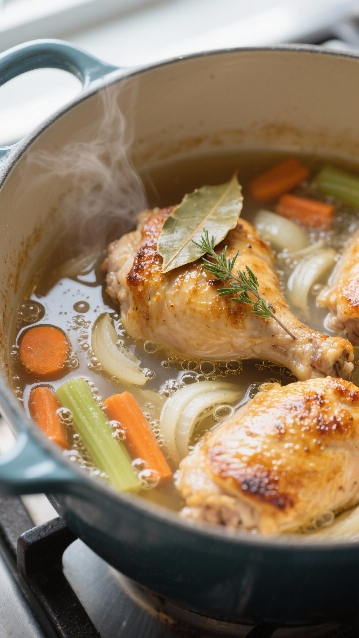 Cooking process, close-up detail: Golden seared chicken thighs nestled in a gentle simmer of clear c