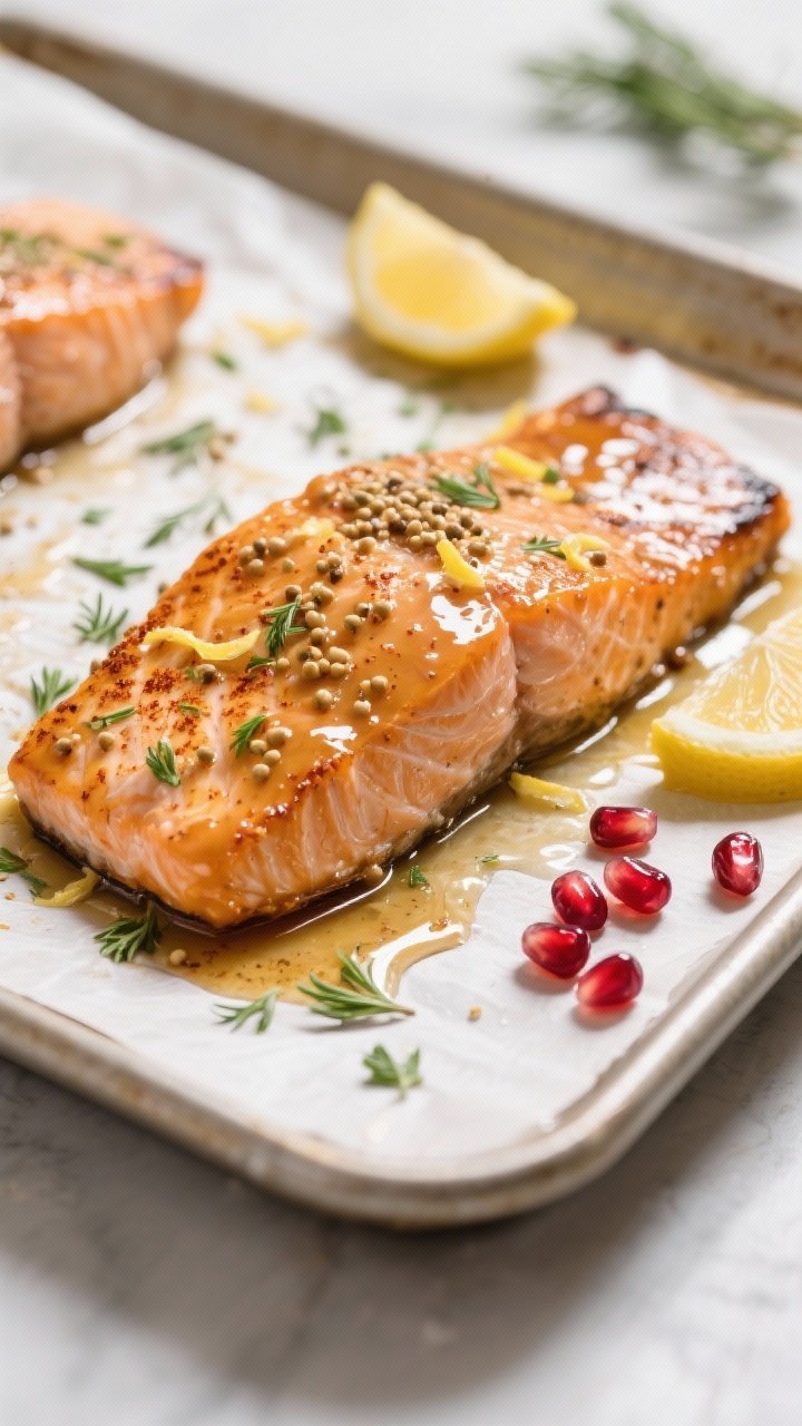Cooking process, close-up detail: Honey-mustard glazed salmon just out of the oven on a parchment-li