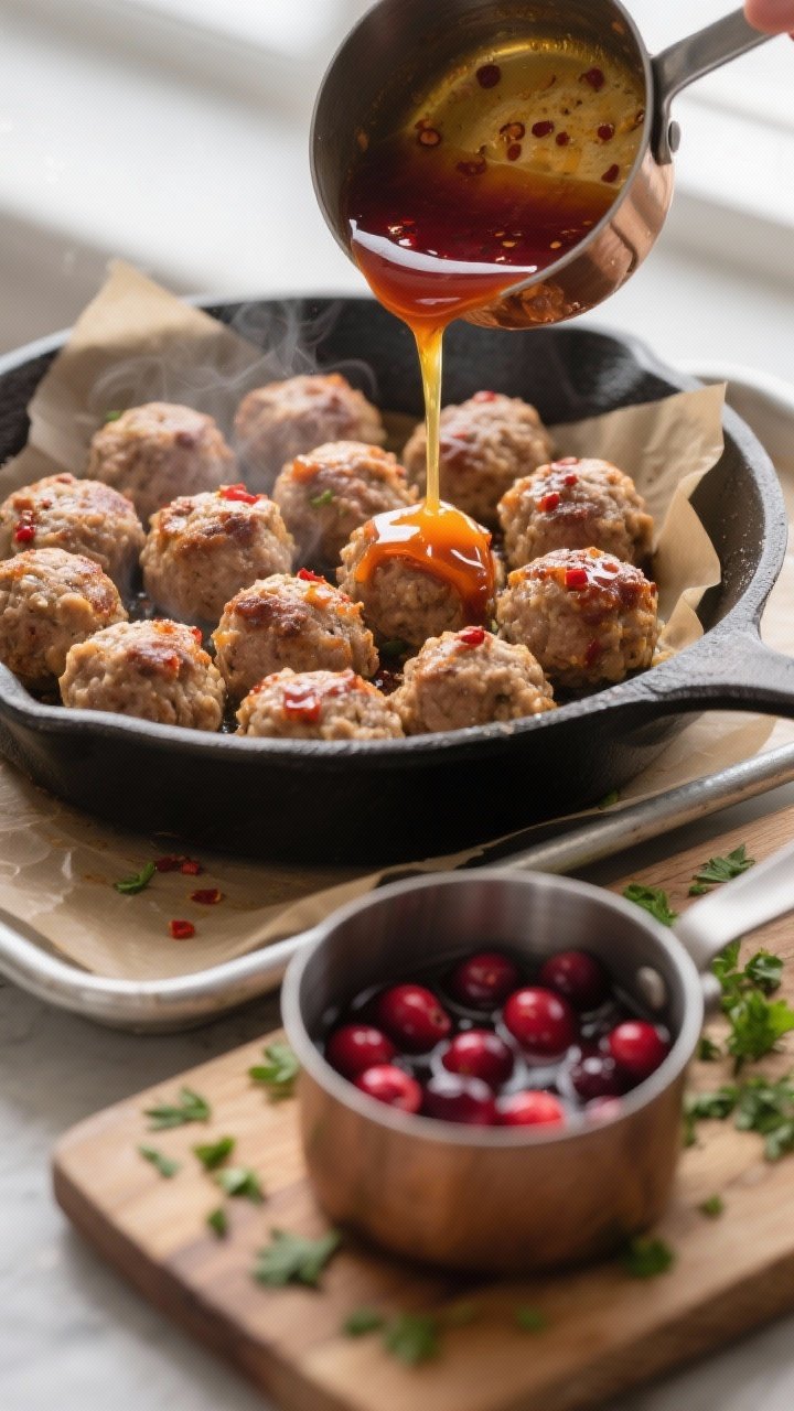 Cooking process, close-up detail: Mini turkey meatballs just baked to 165°F, lightly golden and ste