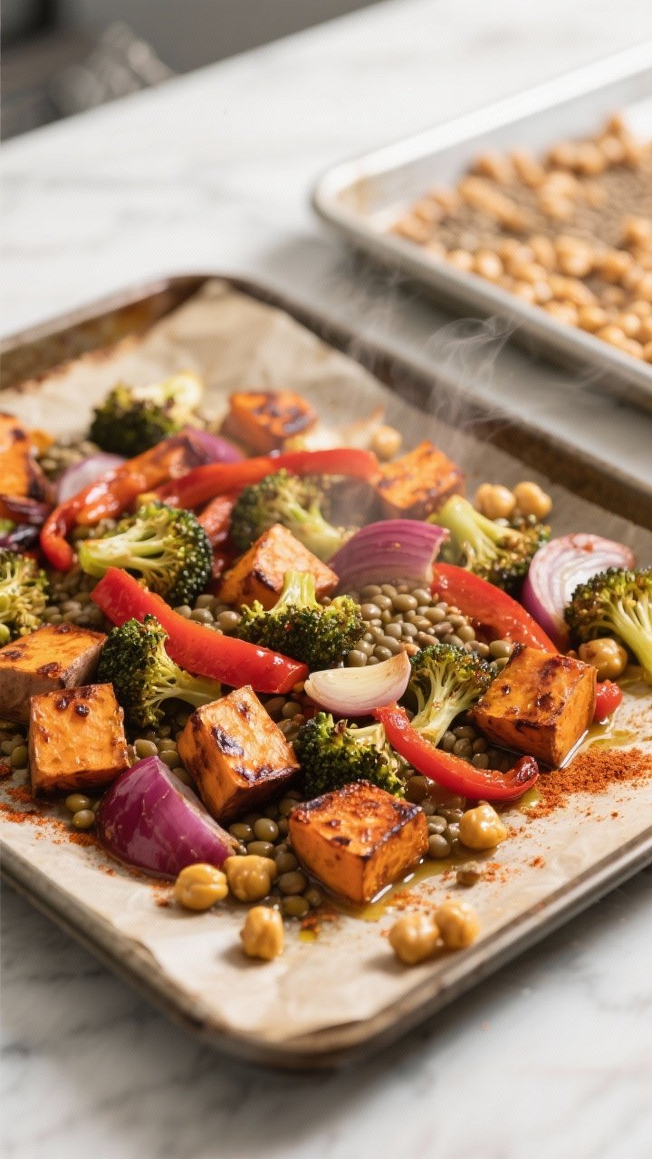Cooking process, close-up detail: Roasted veggie medley for a lentil power bowl just out of the oven