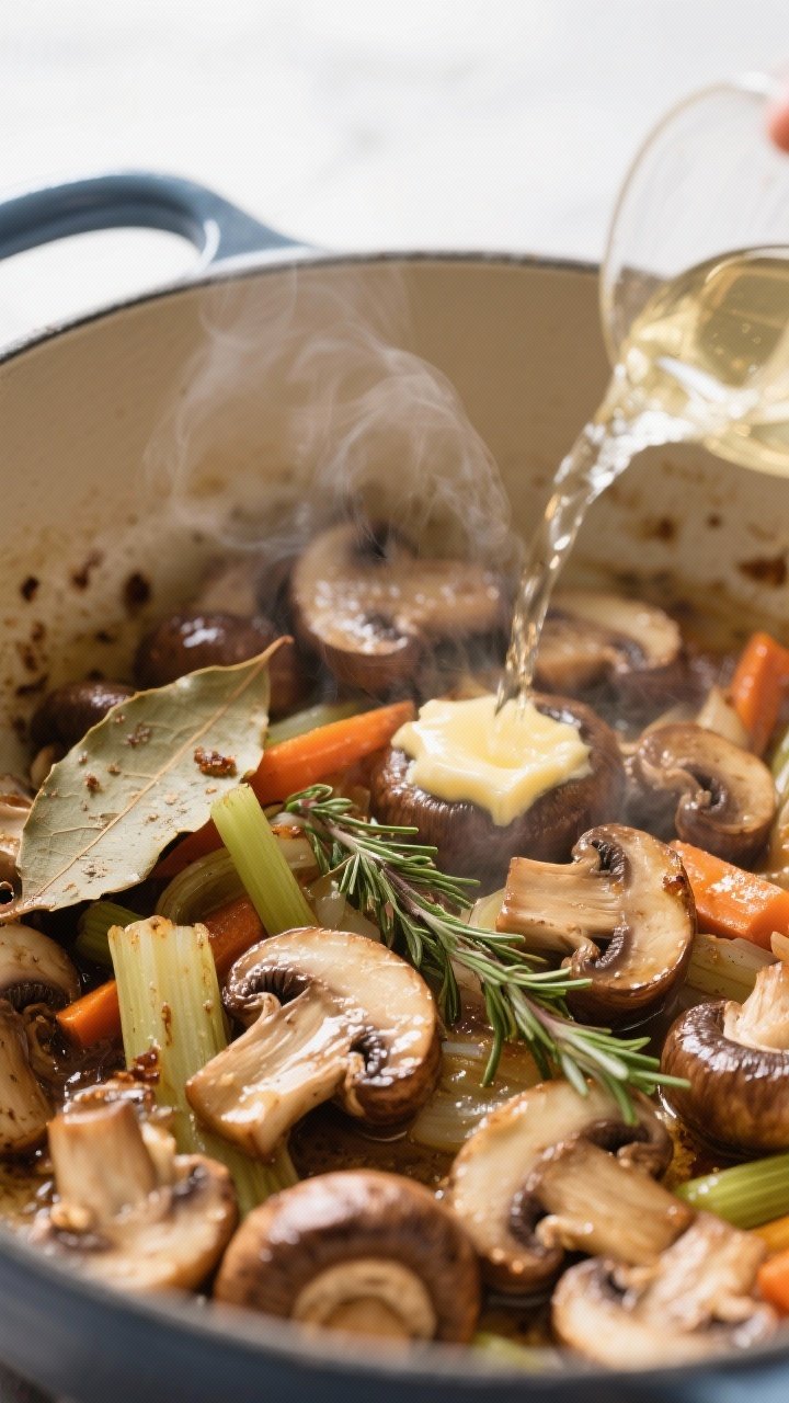 Cooking process, close-up detail: Sautéed cremini mushrooms and aromatics sizzling in a wide Dutch