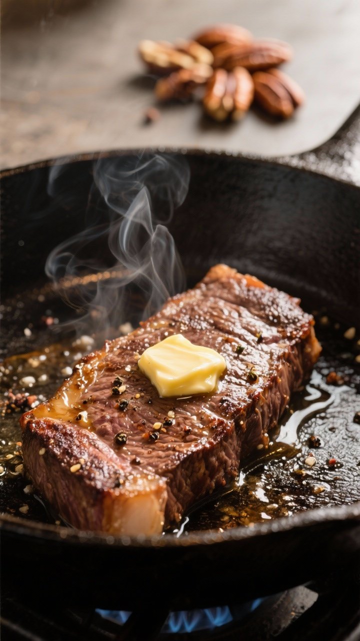 Cooking process, close-up detail: Searing flank steak in a heavy skillet with a glossy butter baste 