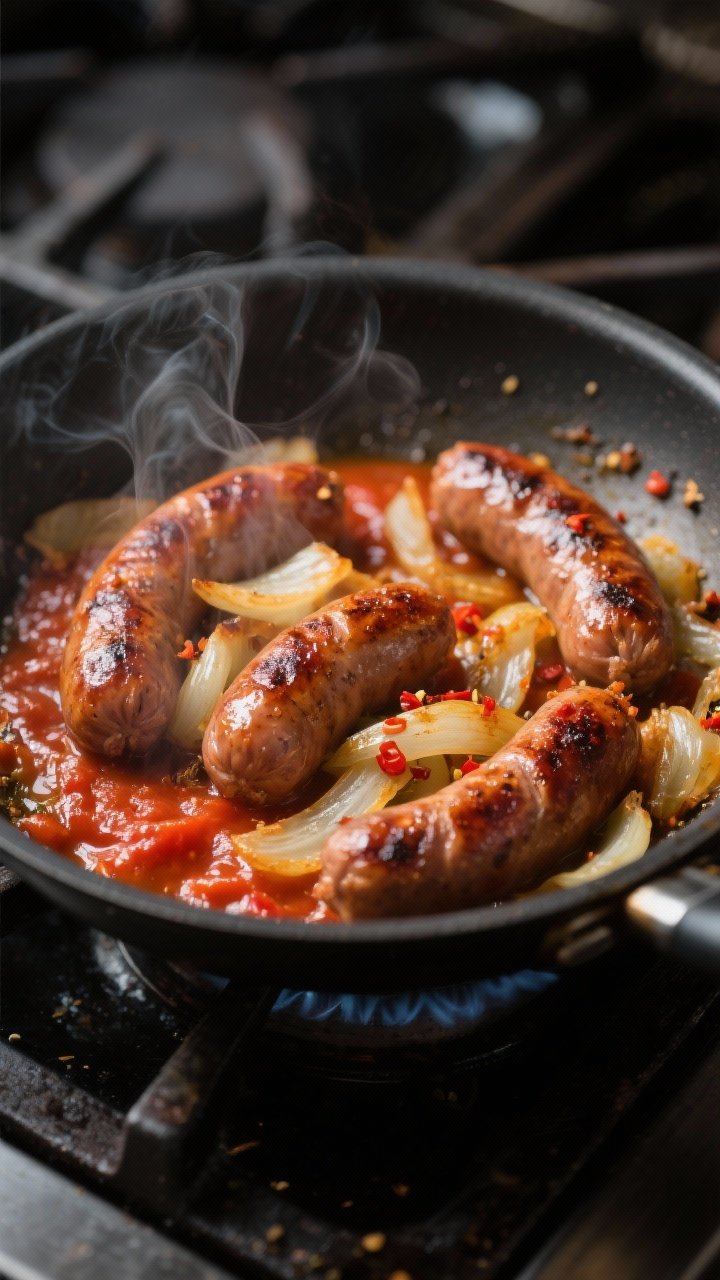 Cooking process, close-up detail: Sizzling rounds of browned smoked sausage nestled with translucent