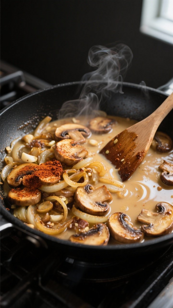 Cooking process close-up: In a large black skillet on the stovetop, golden-browned sliced mushrooms