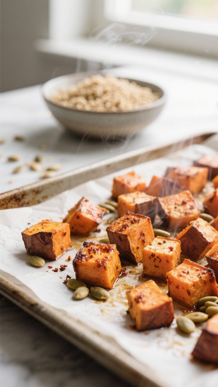 Cooking process close-up: Roasted sweet potato cubes just out of the oven on a parchment-lined sheet