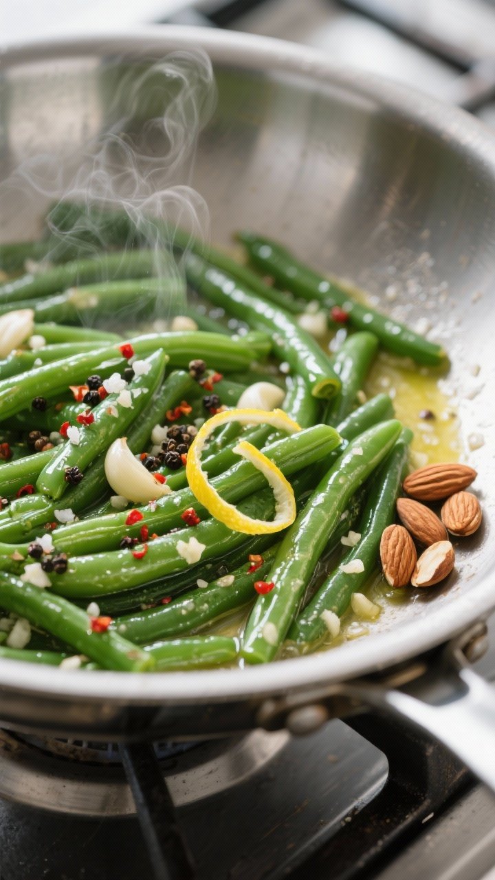 Cooking process close-up: Sautéed green beans glistening in garlic butter in a large stainless stee