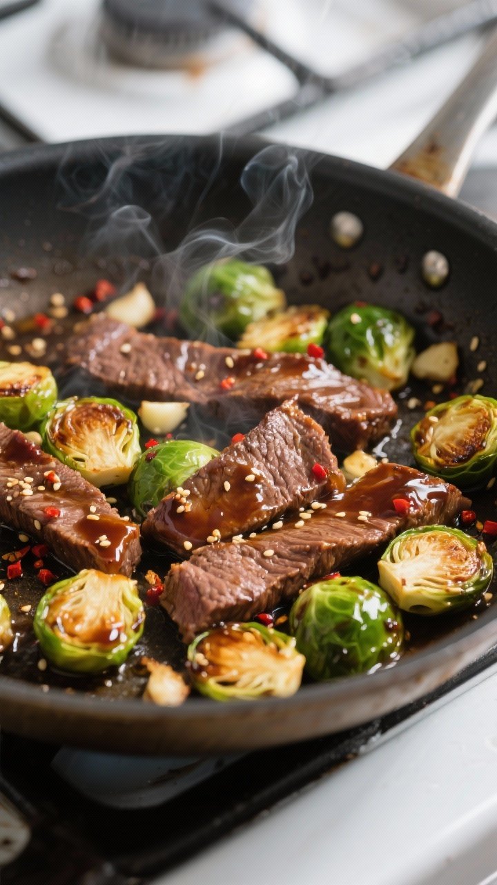 Cooking process close-up: Sizzling maple-glazed beef strips and halved Brussels sprouts in a large s