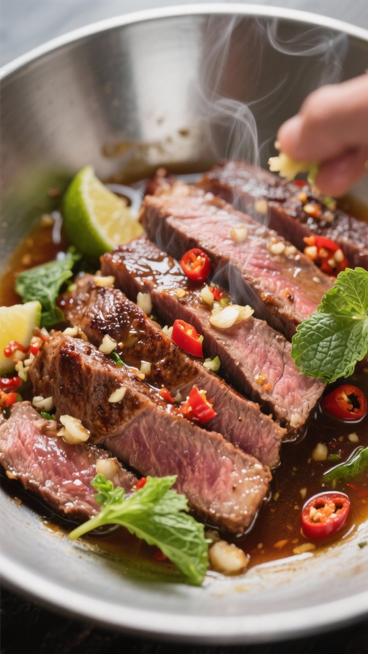 Cooking process close-up: Sliced medium-rare flank steak just after resting, being tossed in a gloss