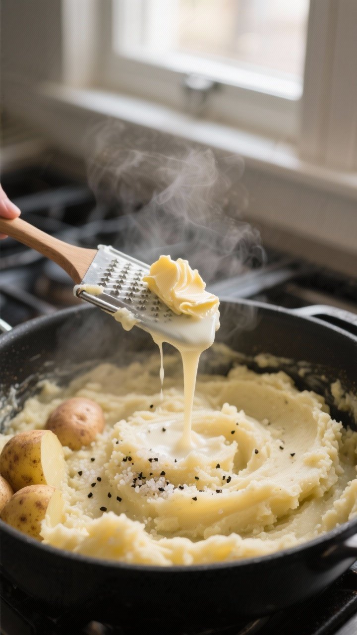 Cooking process close-up: Steaming-hot, just-mashed Yukon Gold and Russet potatoes in a matte black