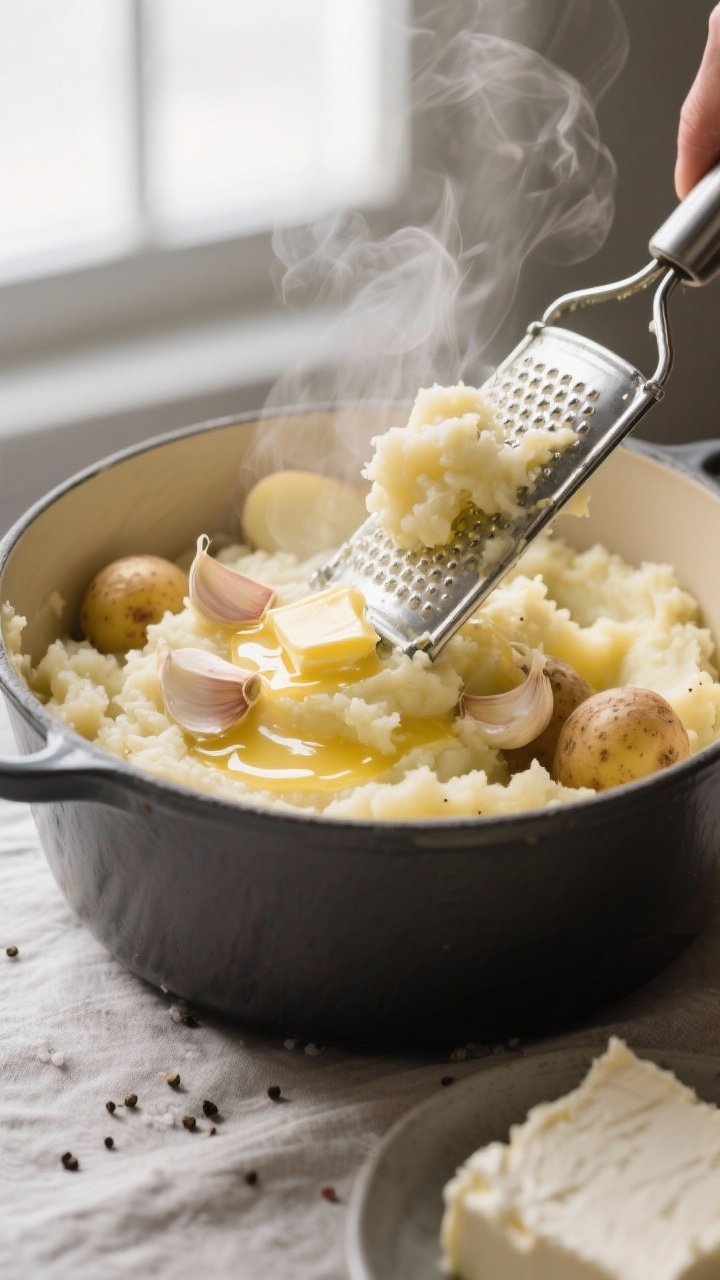 Cooking process close-up: Steaming-hot Yukon Gold and Russet potato mash being pressed through a pot