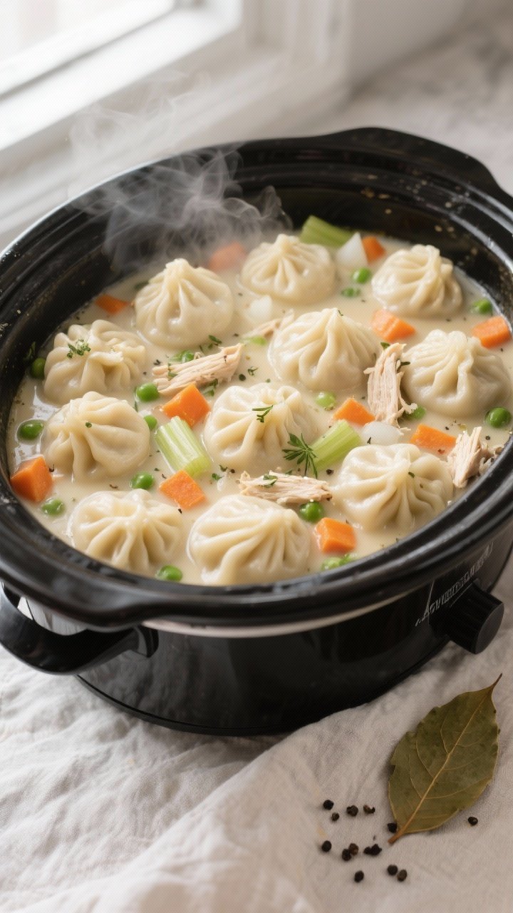 Cooking process, overhead: Overhead shot of a crockpot filled with creamy chicken and dumplings mid-