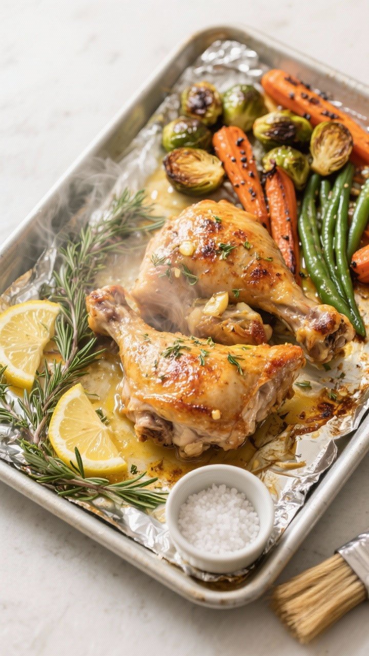 Cooking process — sheet-pan roast in progress: Overhead shot of golden, bone-in turkey thighs on o