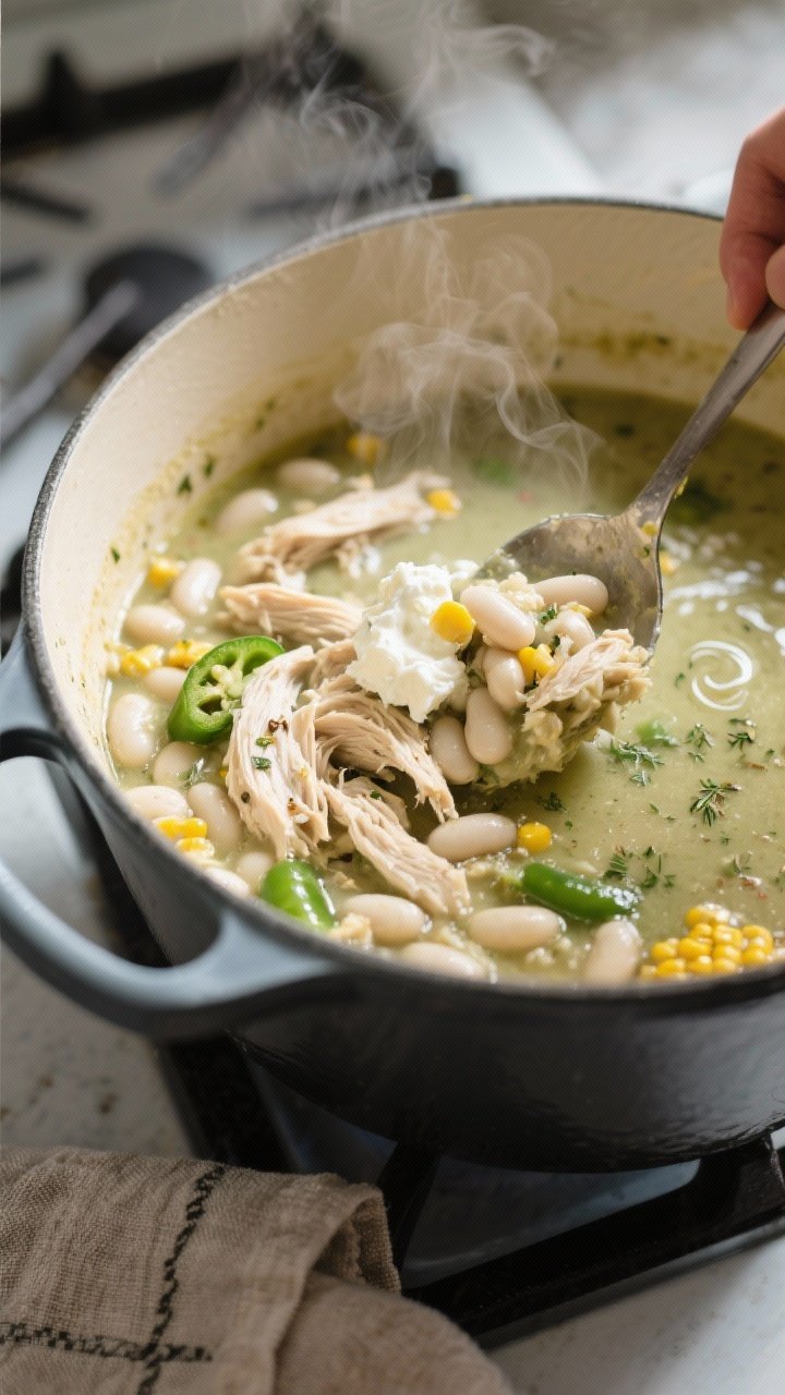 Cooking process — simmering and thickening: Close-up of a Dutch oven of spicy white chicken chili