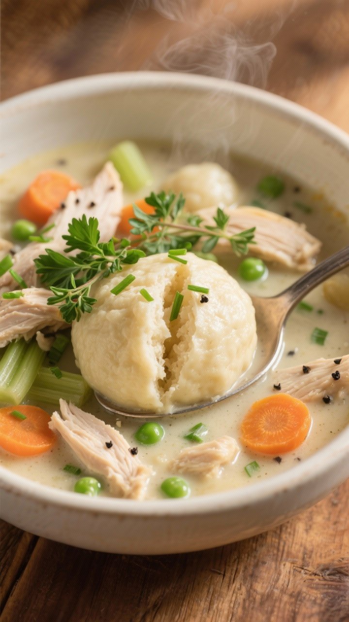 Final dish, close-up detail: Close-up of a ladled bowl of crockpot chicken and dumplings, showcasing