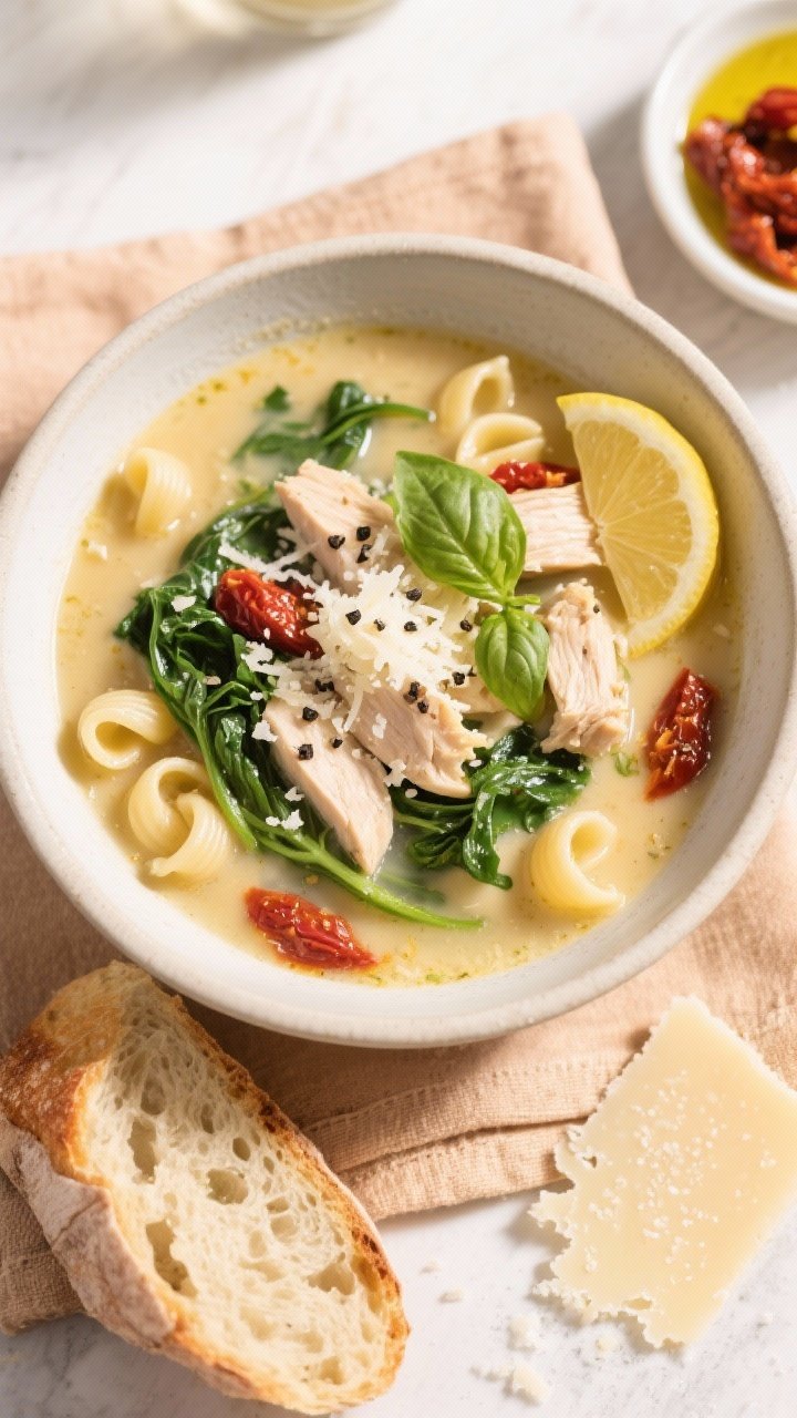 Final dish overhead: A cozy, top-down shot of a bowl of creamy Marry Me Chicken Soup plated for serv