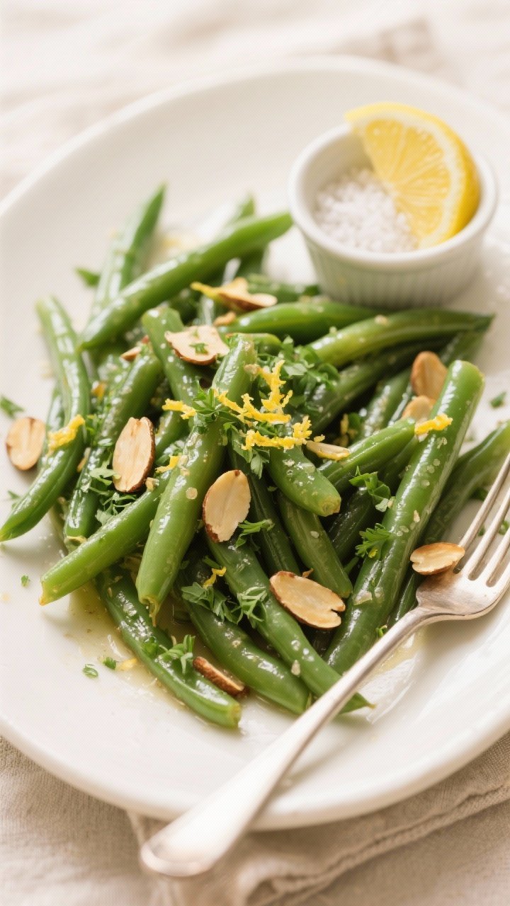 Final dish overhead: Beautifully plated Garlic Butter Green Beans on a warm white serving platter, b
