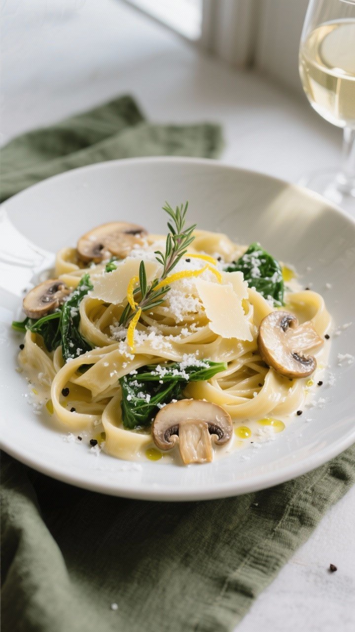 Final dish, overhead beauty shot: Creamy Christmas mushroom pasta (fettuccine) tossed with wilted ba