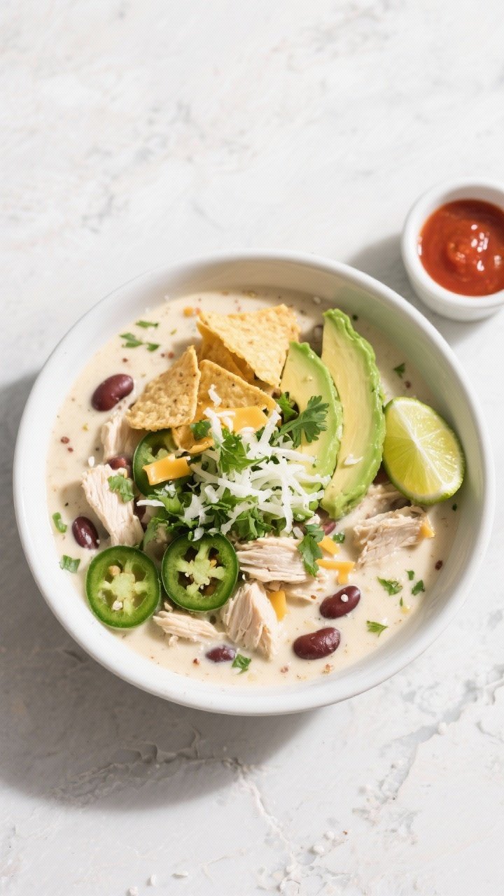 Final dish — overhead, bright and garnished: Overhead shot of a beautifully plated bowl of Spicy W