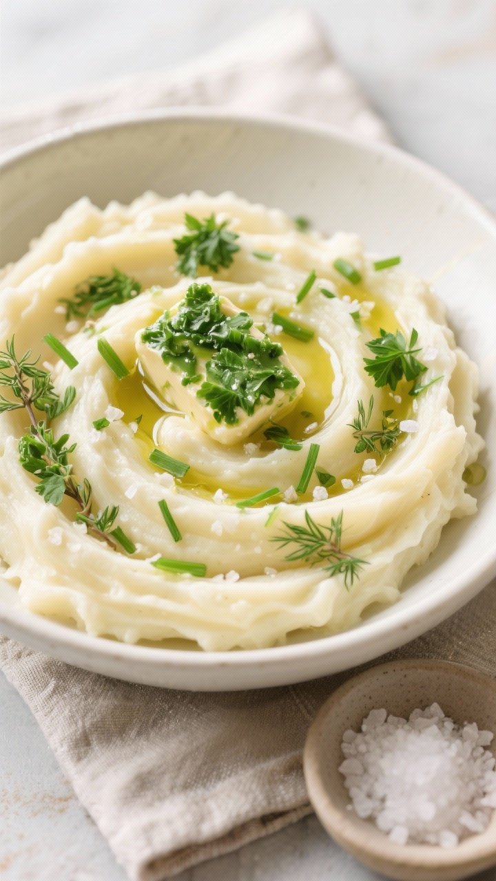 Final dish overhead: Classic mashed potatoes swirled into soft peaks in a warm white ceramic bowl, g