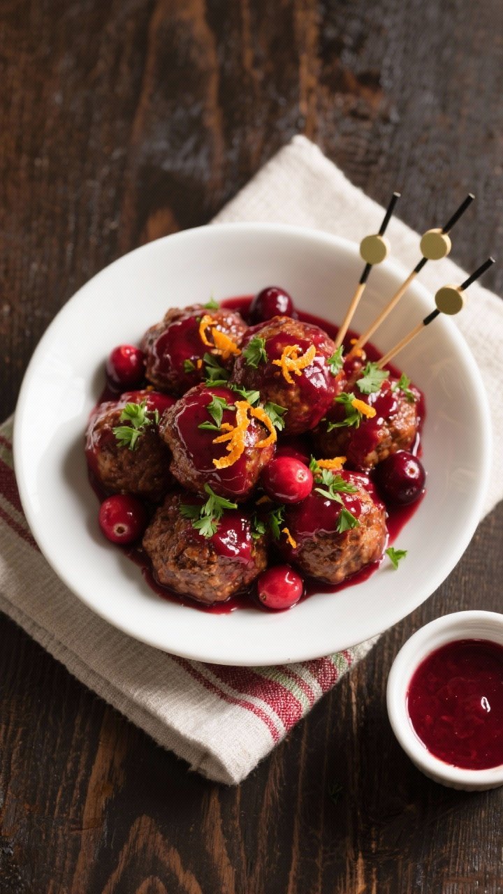 Final dish, overhead entertaining shot: Beautifully plated Quick Christmas Cranberry Meatballs piled