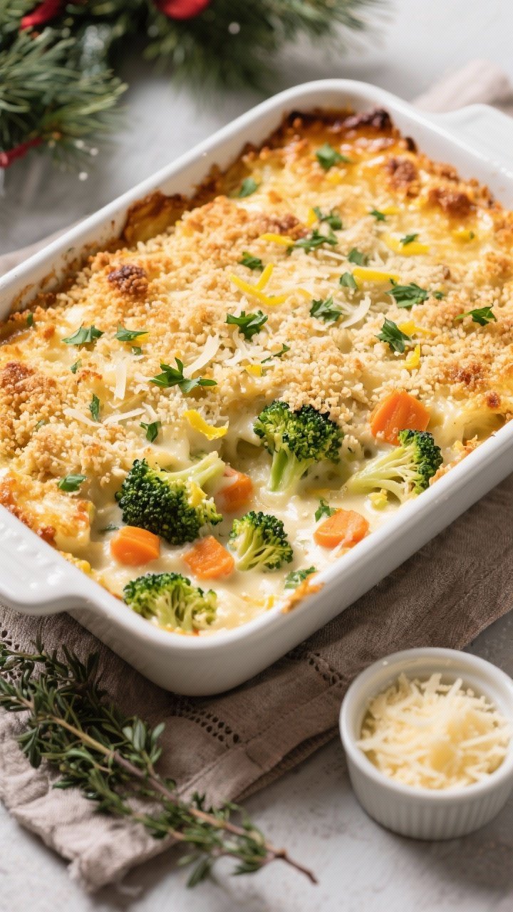 Final dish, overhead festive presentation: Golden, bubbling Creamy Christmas Veggie Bake in a 9x13 w