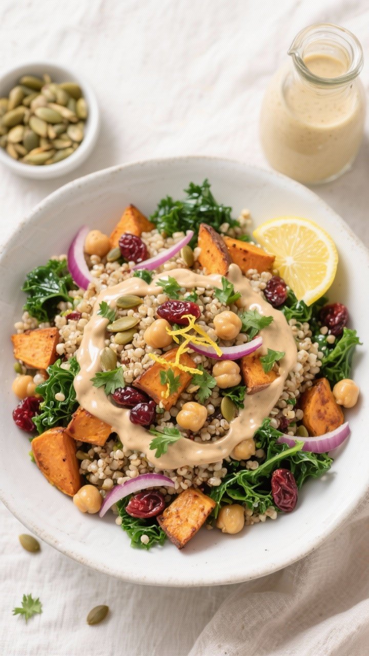 Final dish overhead: High-fiber quinoa salad with roasted sweet potatoes, chickpeas, baby kale/spina