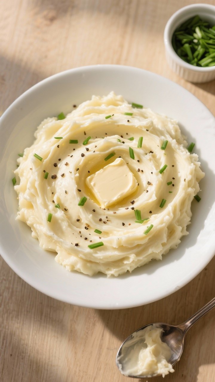 Final dish overhead: Overhead shot of Creamy Garlic Mashed Potatoes swirled into a shallow white ser